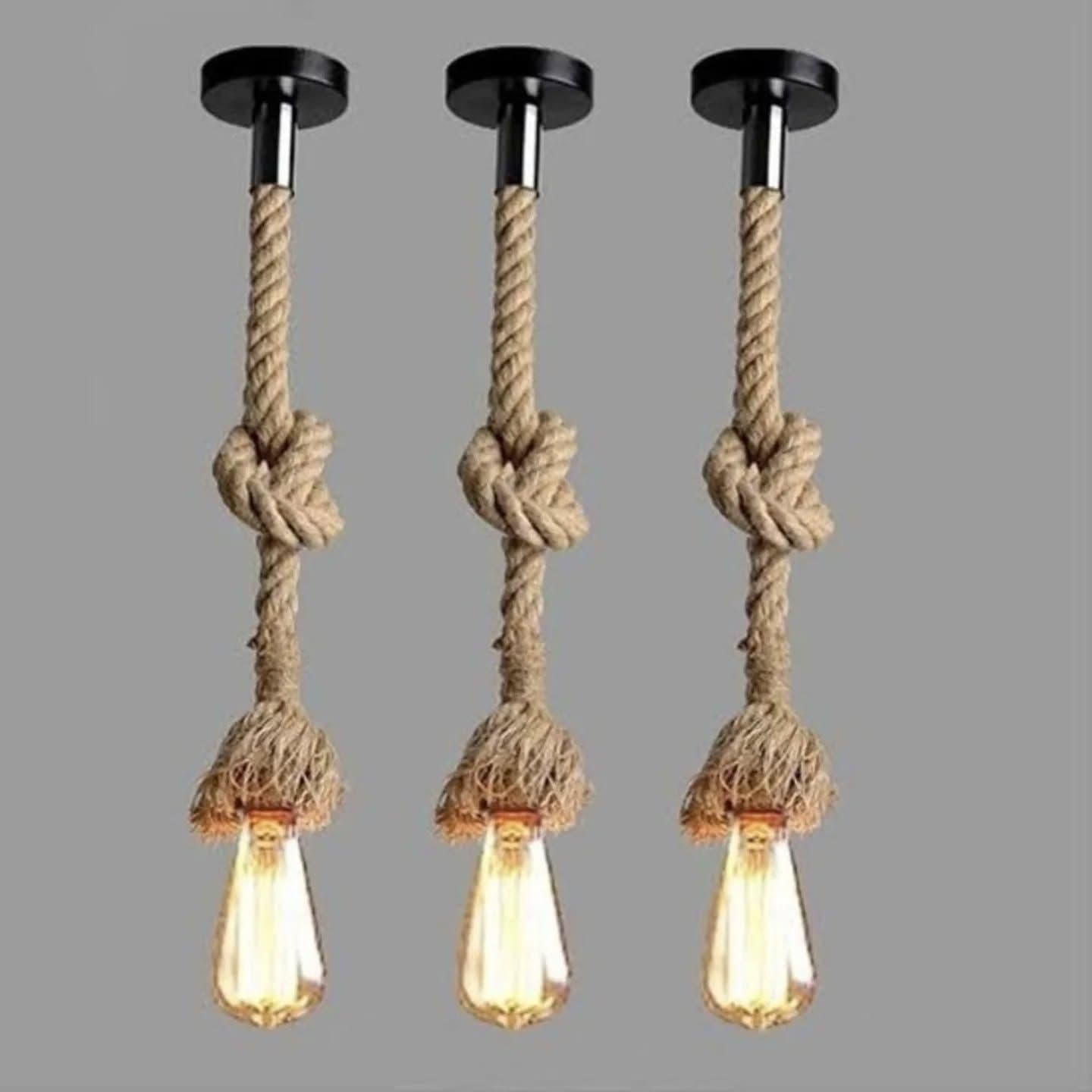Industrial Rope and Metal Pendant Light with Exposed Bulb - Beige & Black