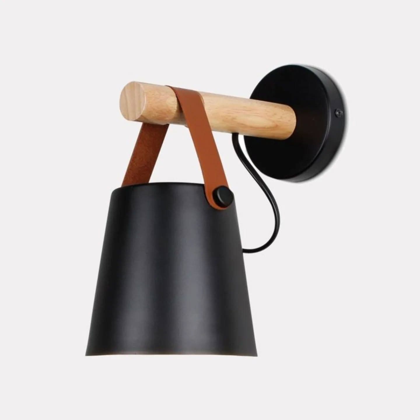 Modern Black Wood and Leather Wall Light