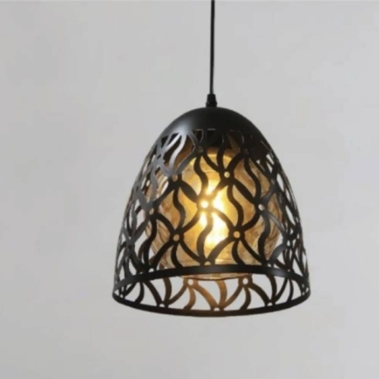 Decorative Black Metal Pendant Light with Amber Glass