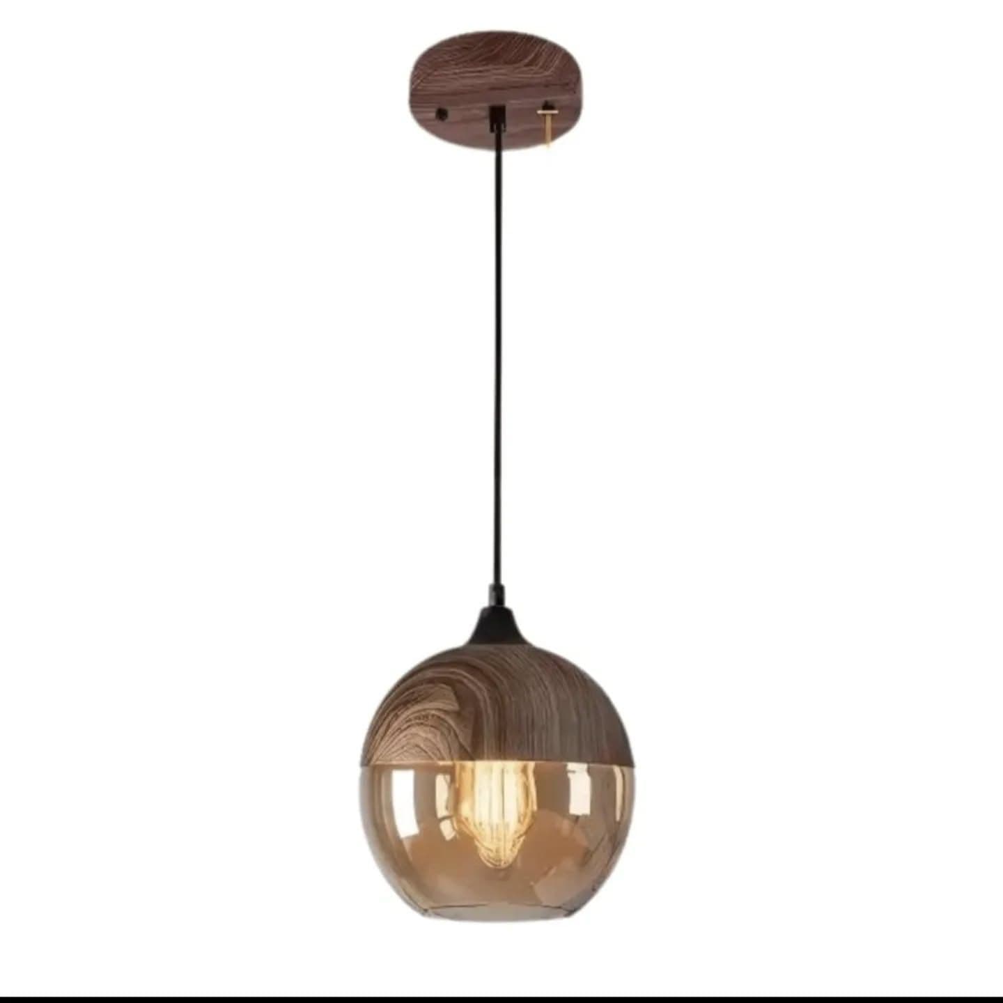 Modern Wooden Finish Amber Glass Pendant Light