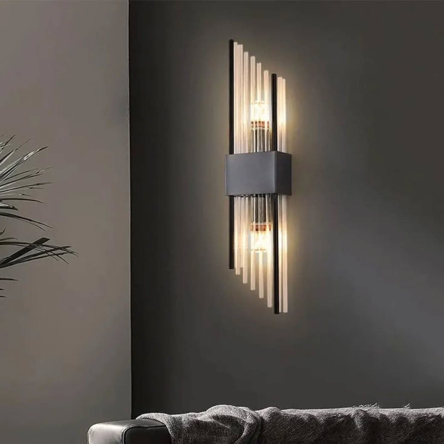 Modern Black Geometric Double Wall Light with Vertical Glass Rods