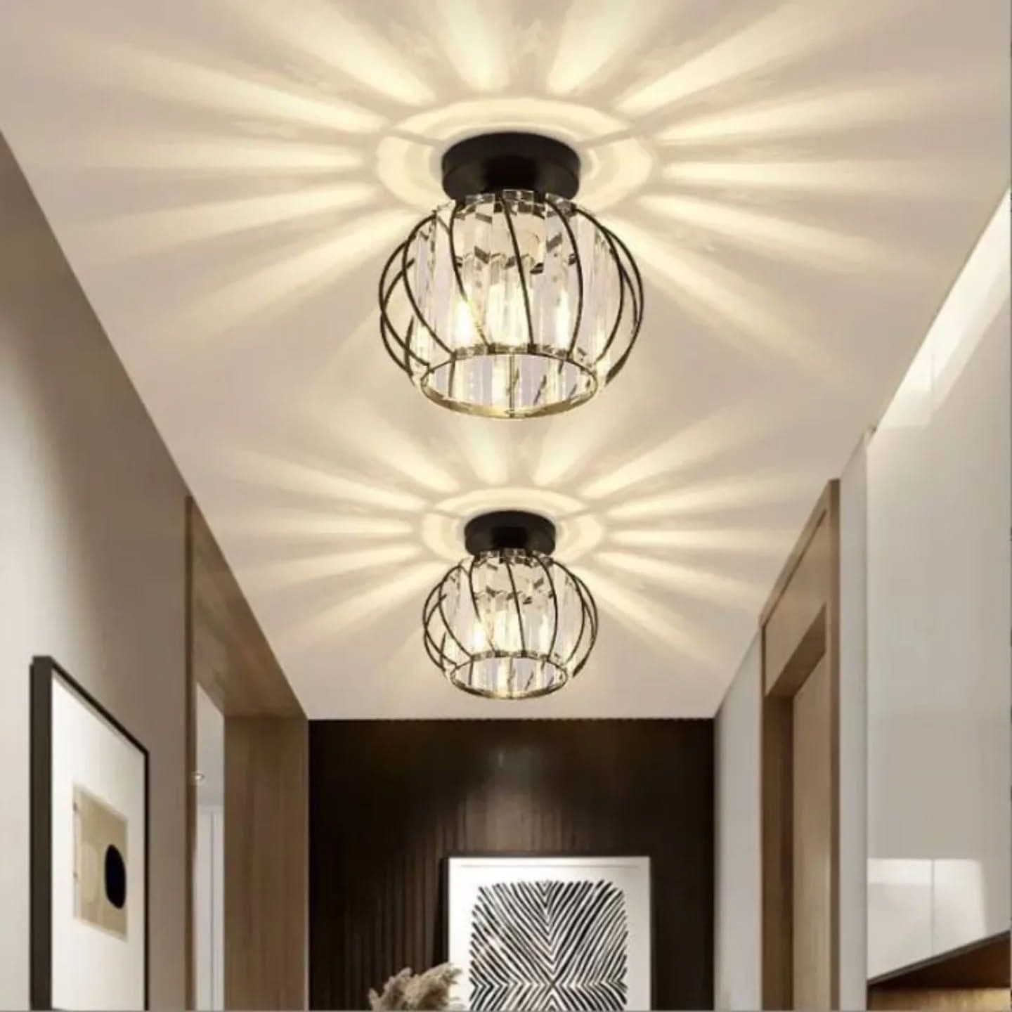 Modern Gold Crystal Cage Chandelier for Low Ceilings