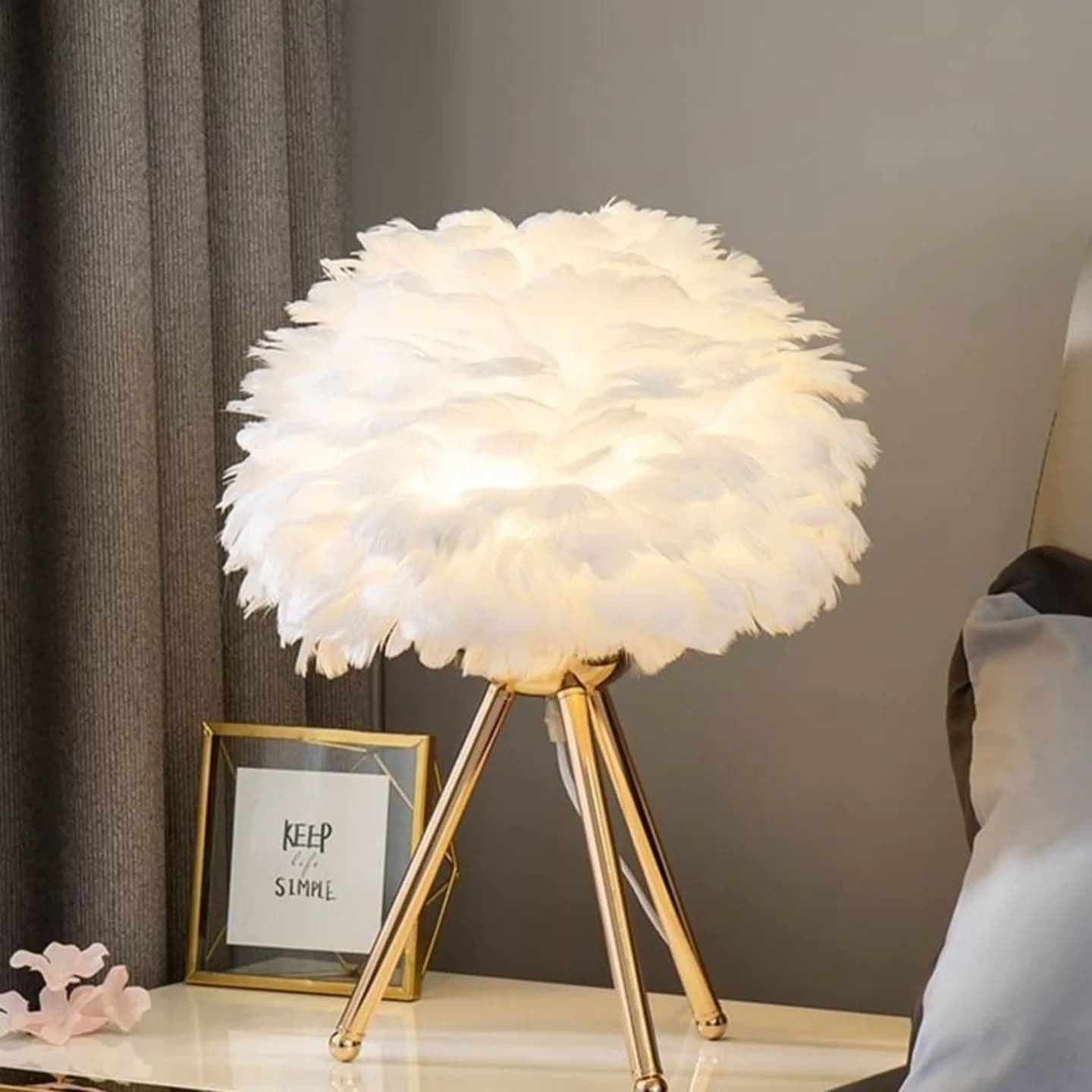 Modern White Feather Tripod Bedside Lamp