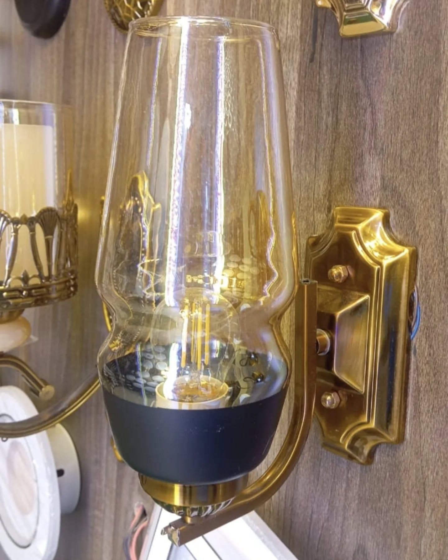 Vintage Gold Brass Wall Light with Amber Glass Shade
