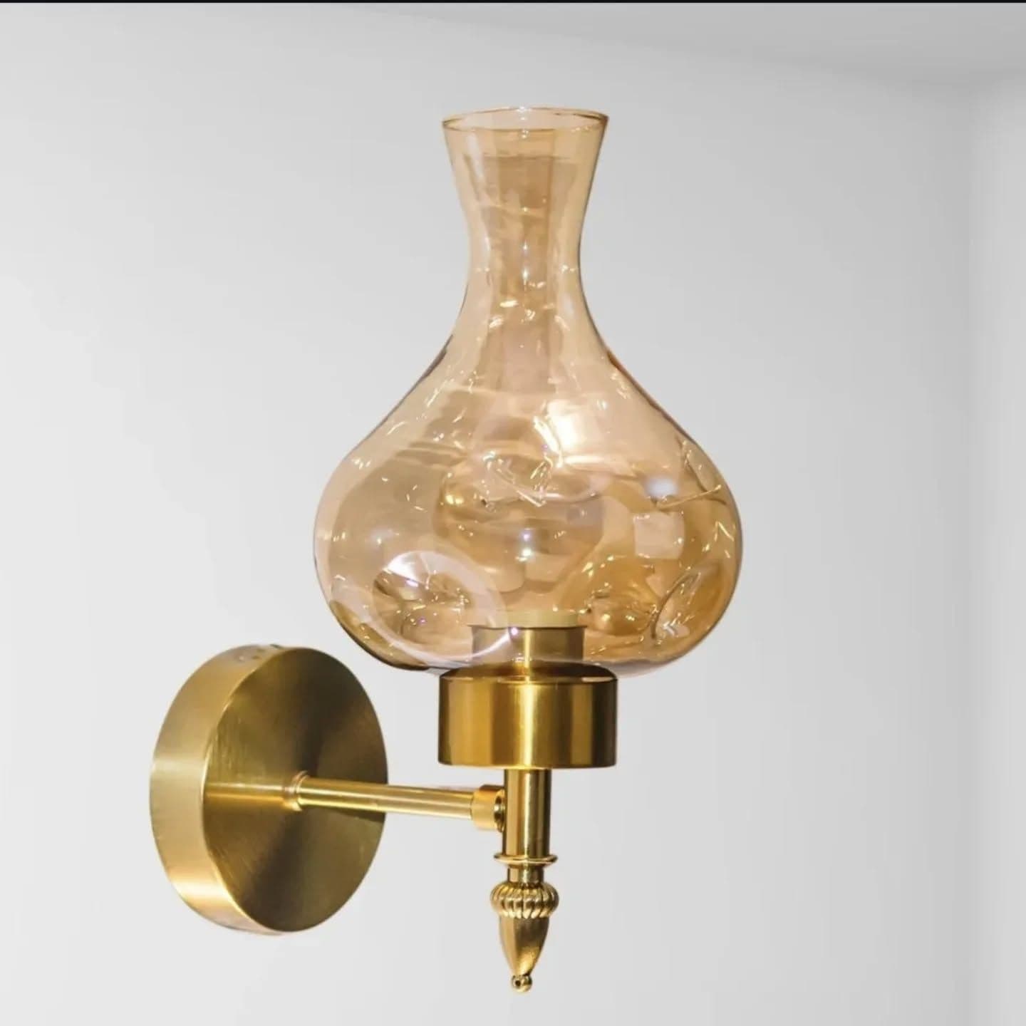 Vintage Gold Brass Wall Light with Amber Glass Shade