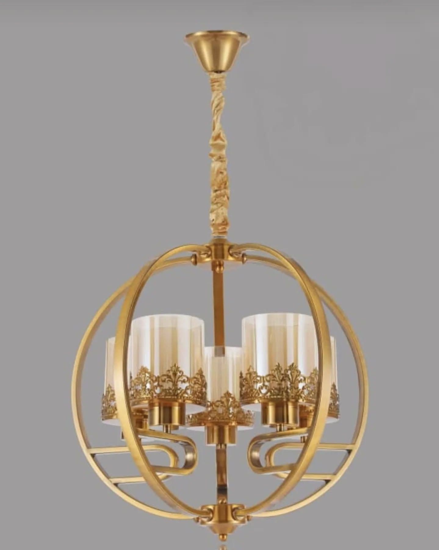 Ornate 5-Arm Gold Brass and Glass Chandelier