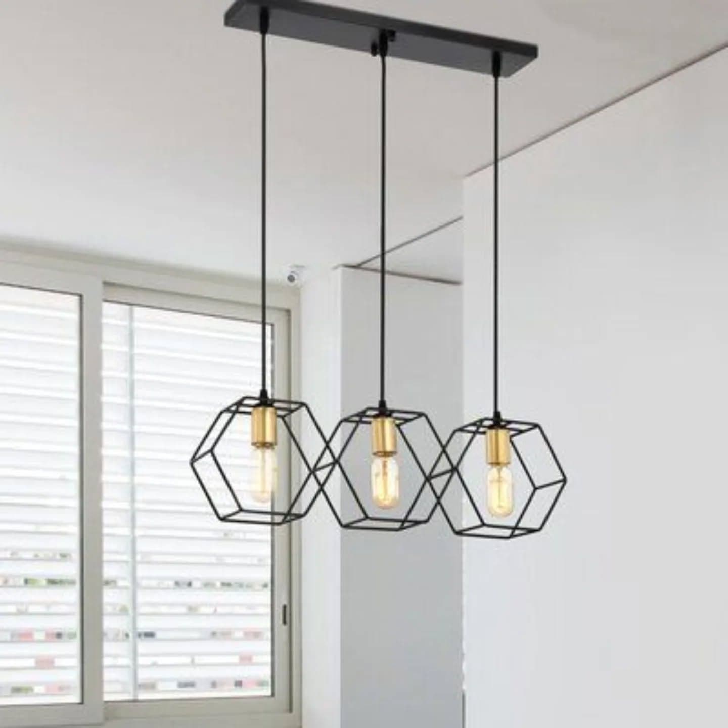 Modern Black Geometric Cage Pendant Light with Exposed Bulbs