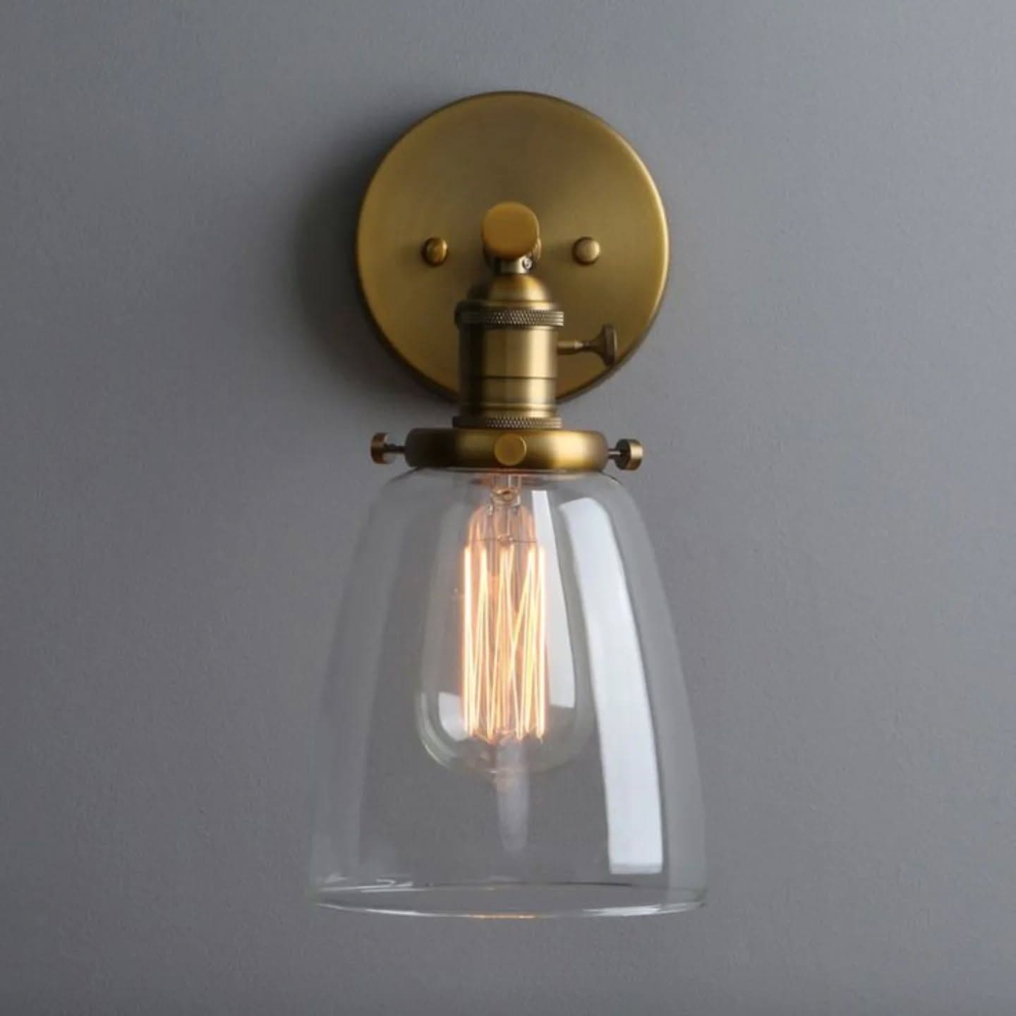Industrial Gold Brass & Glass Wall Light with Exposed Filament