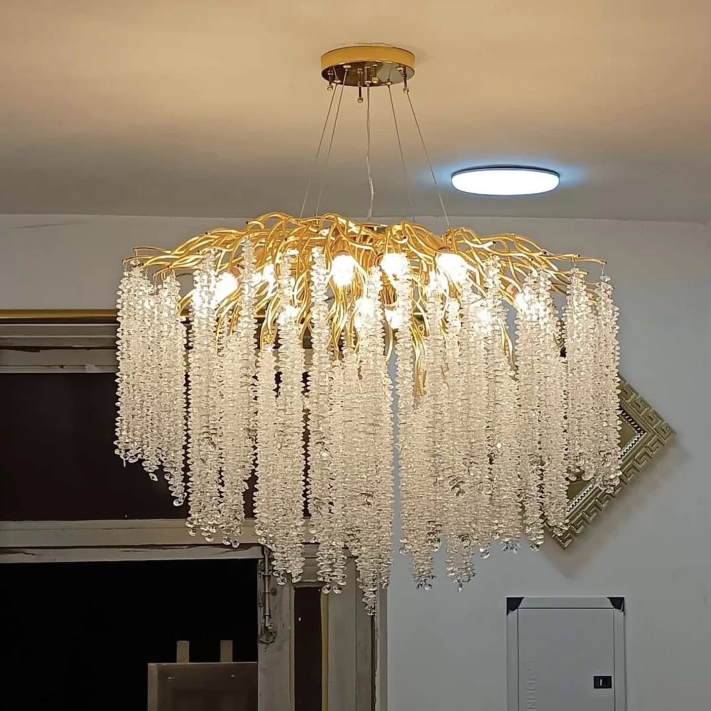 Luxury Ornate Gold Crystal Chandelier with Leaf Accents