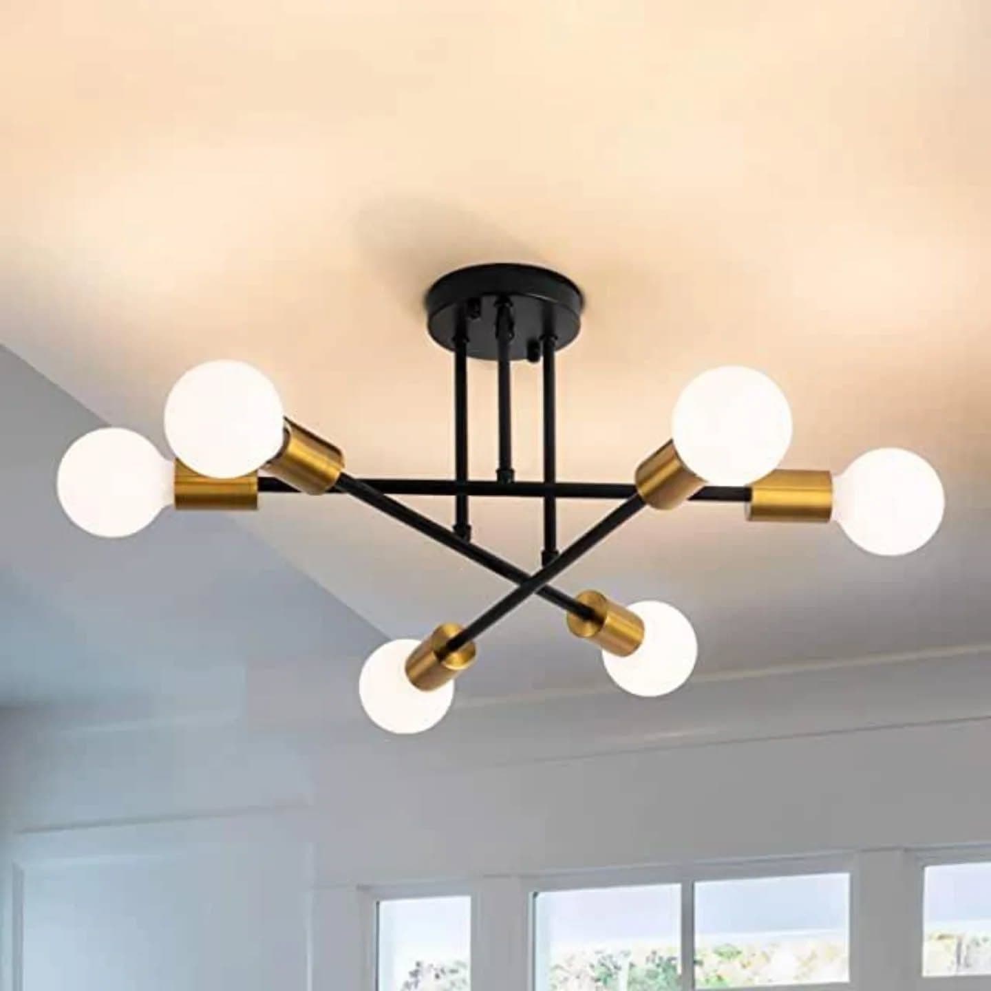 Modern Black and Gold Sputnik Chandelier with Starburst Design