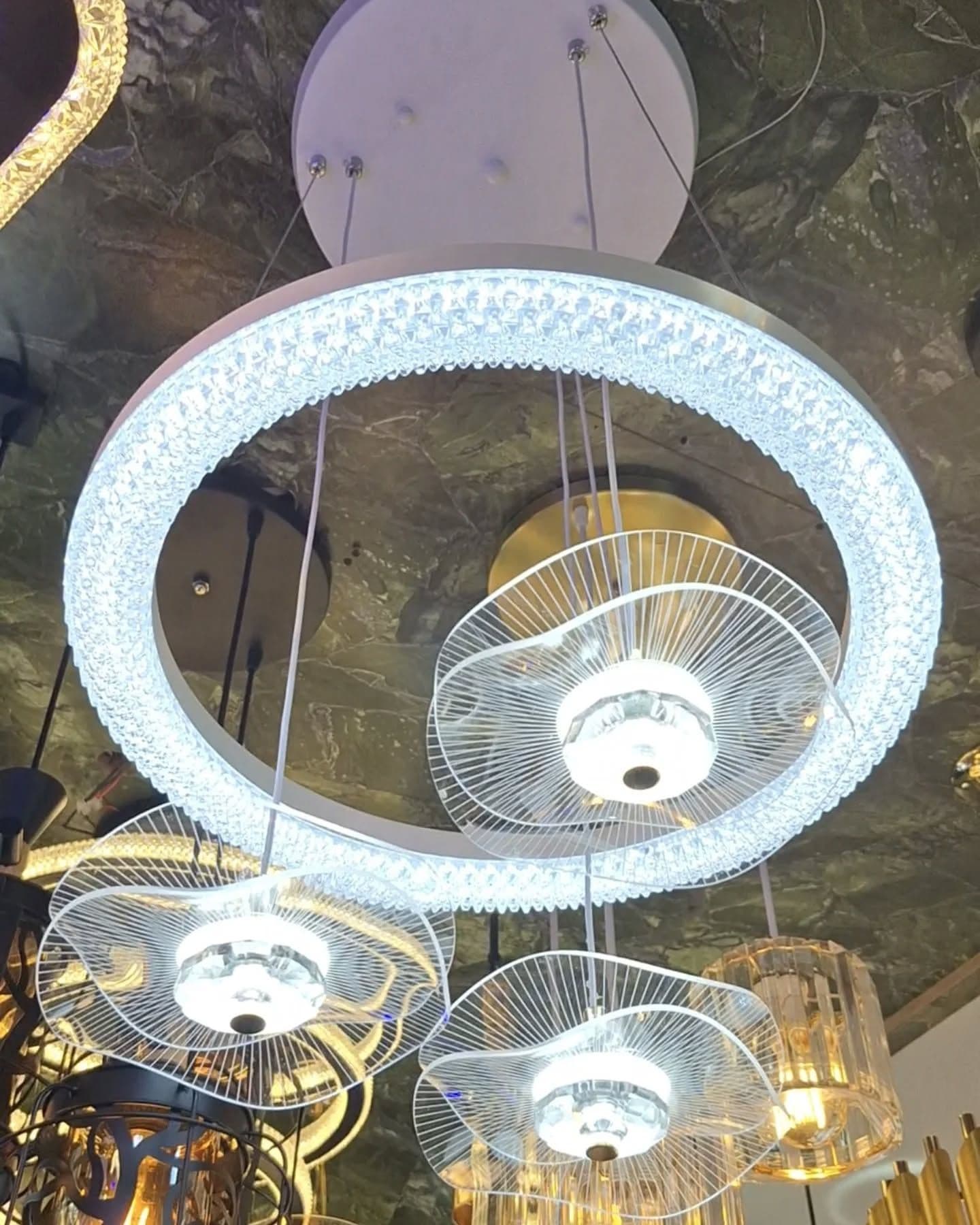 Oversized Modern White Crystal Ring Chandelier with LED Lighting