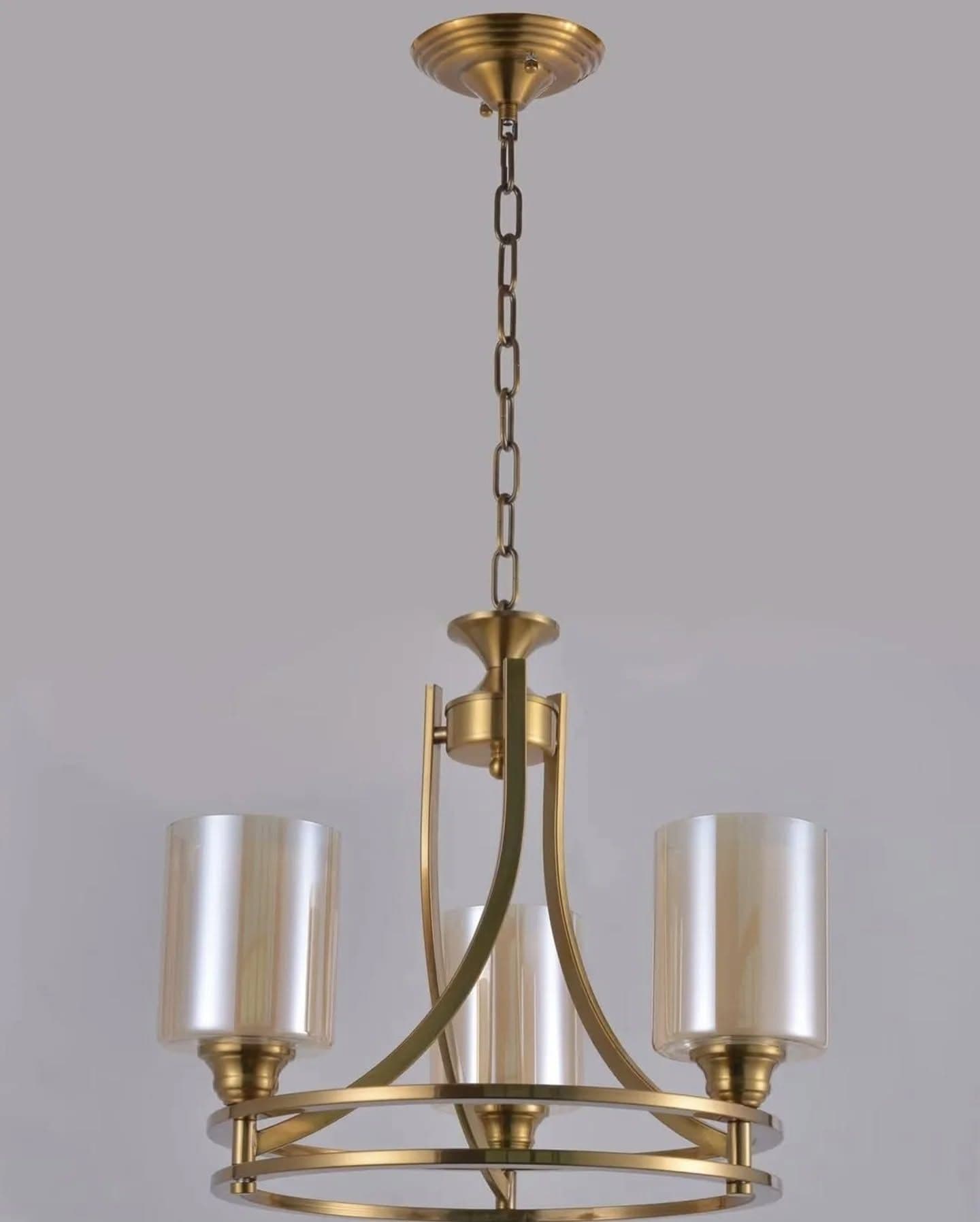 3-Arm Traditional Gold Brass Chandelier with Cylindrical Glass Shades