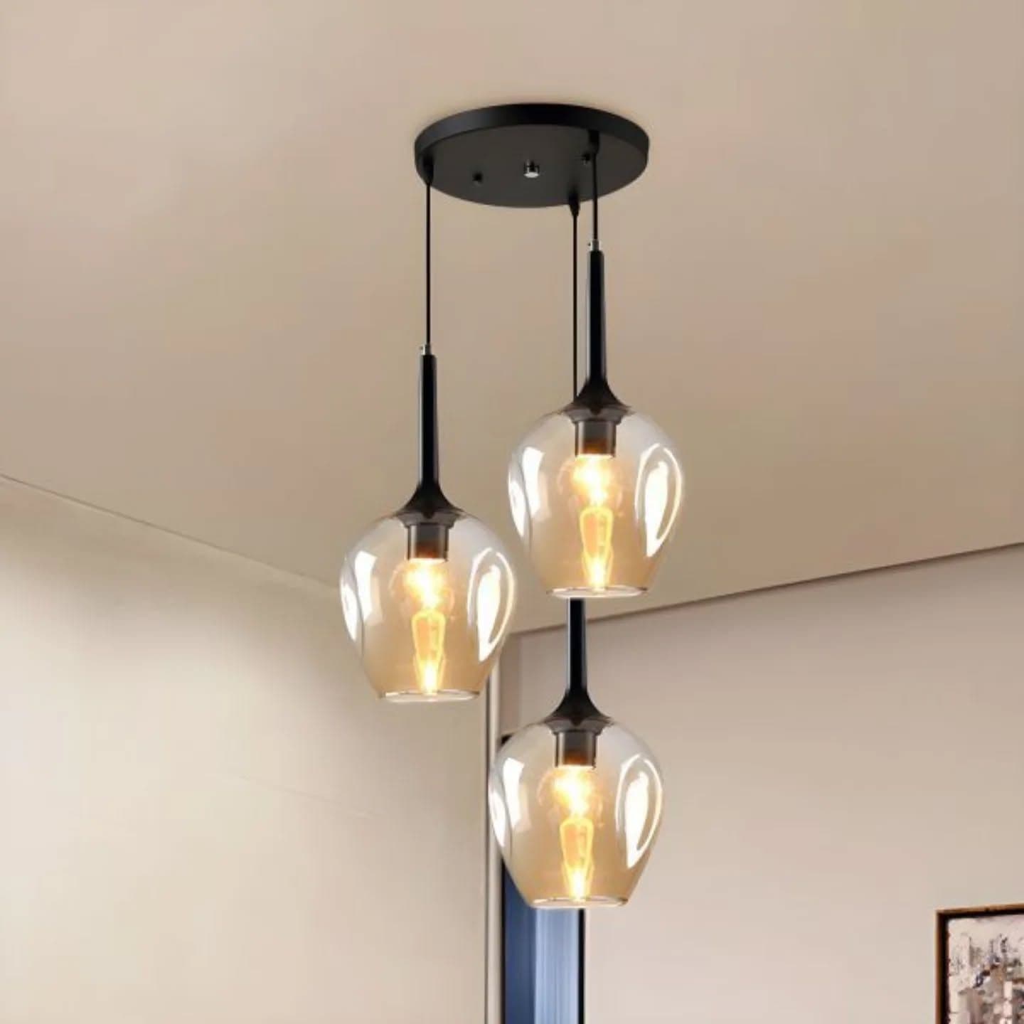 Modern Amber Glass 3-in-1 Pendant Light in Black