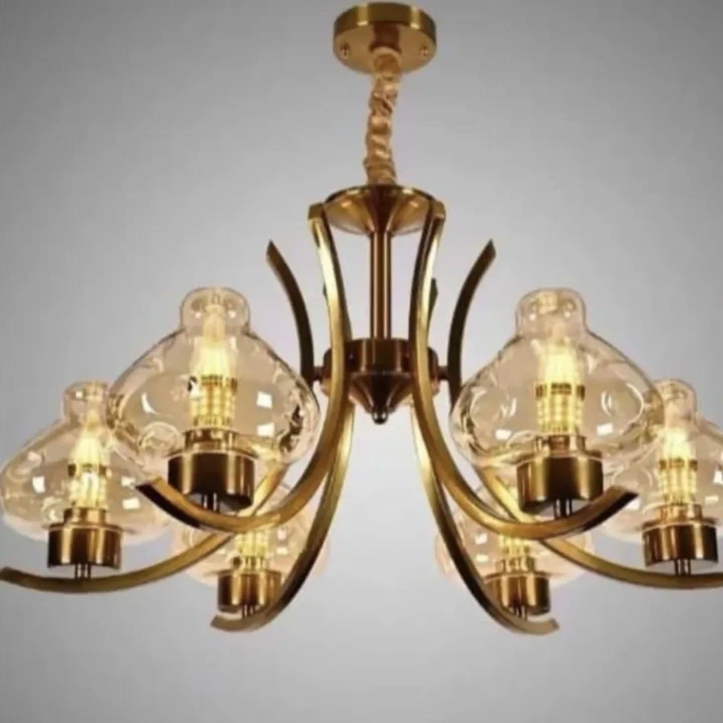 Ornate Gold Brass and Glass Multi-Arm Chandelier