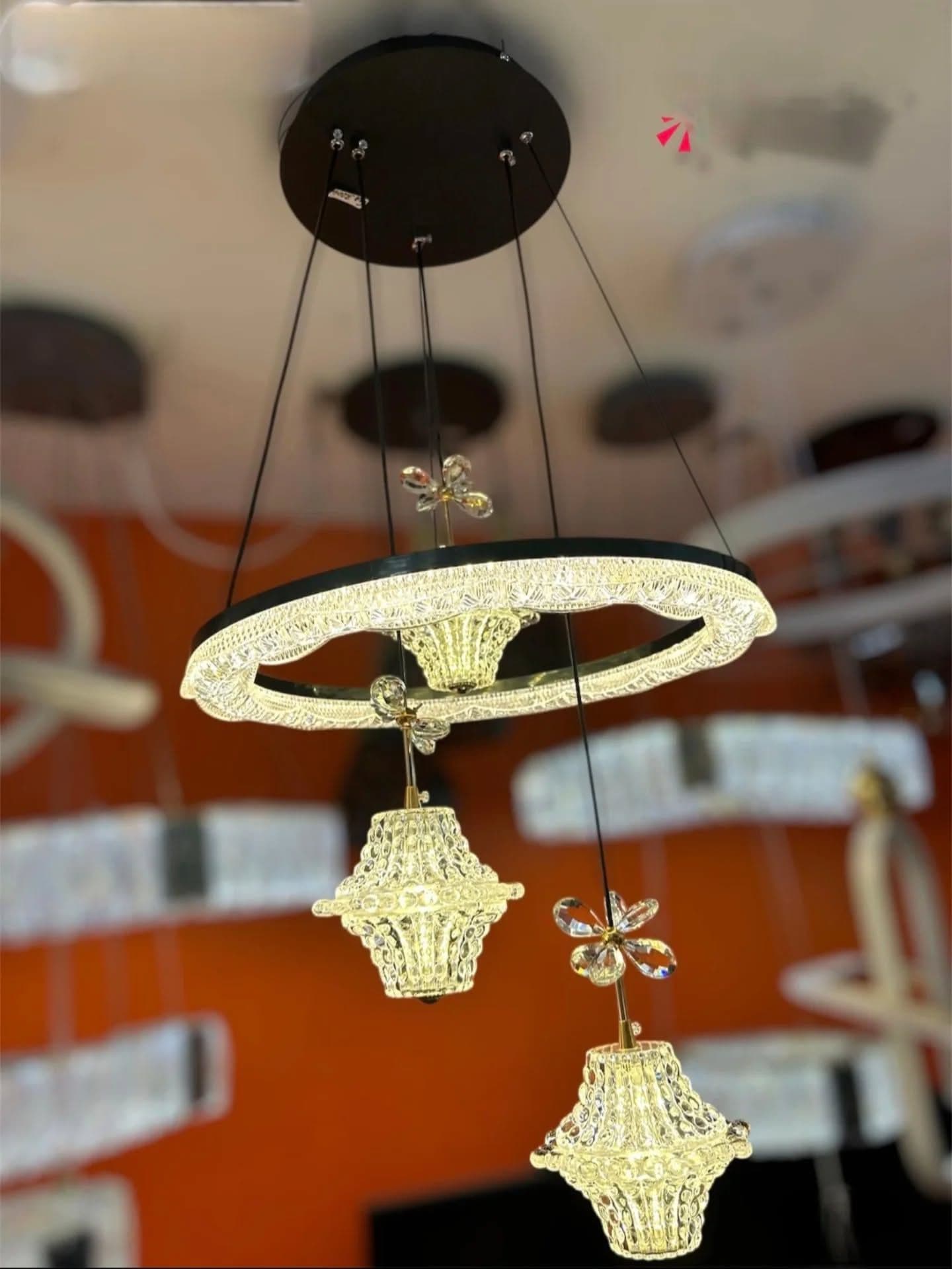 Modern Gold Crystal Ring Chandelier with Floral Accents