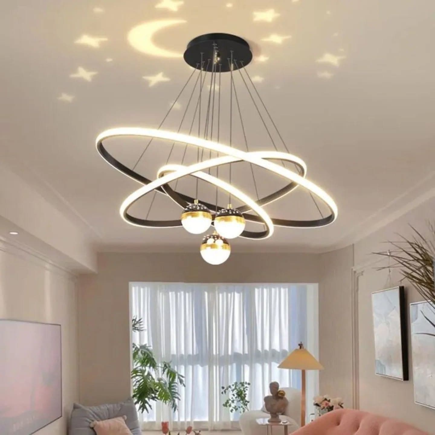 Modern Black Multi-Ring LED Chandelier with Star & Moon Projection