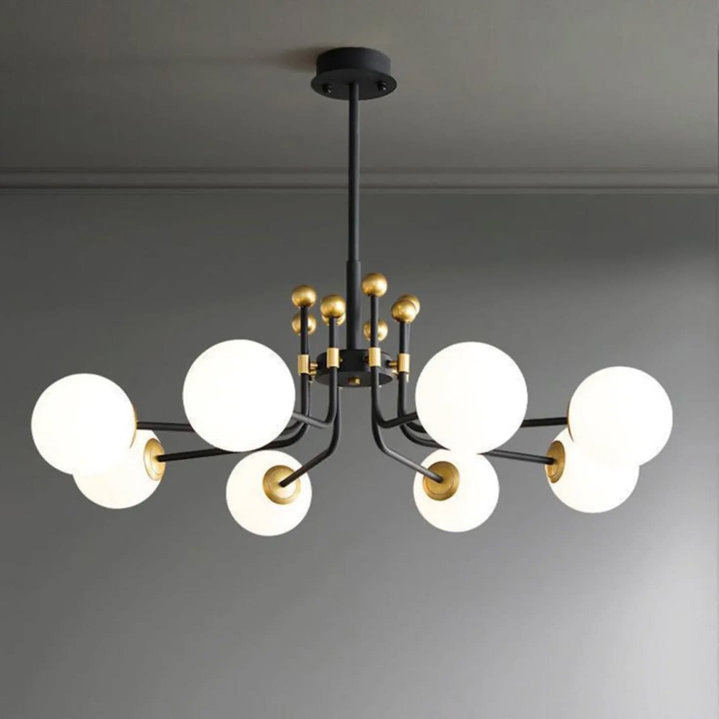 Modern 8-Bulb Black and Gold Globe Chandelier