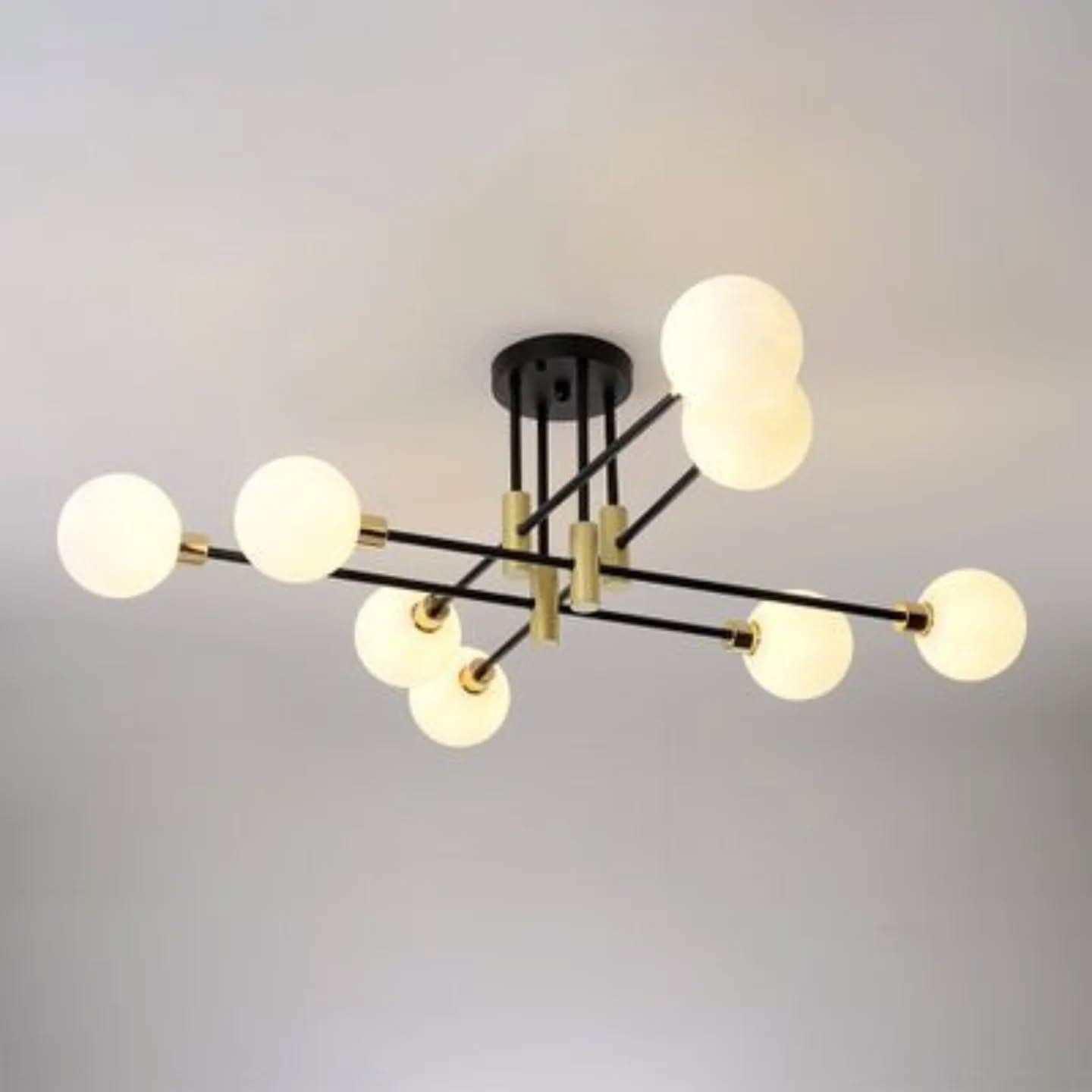 Modern 9-Arm Globe Chandelier in White, Black & Gold