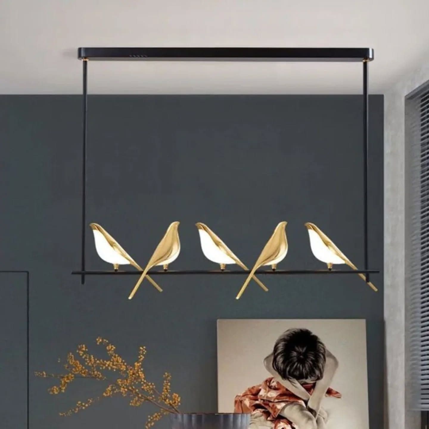 Modern Gold and Black Bird Design Multi-Light Pendant
