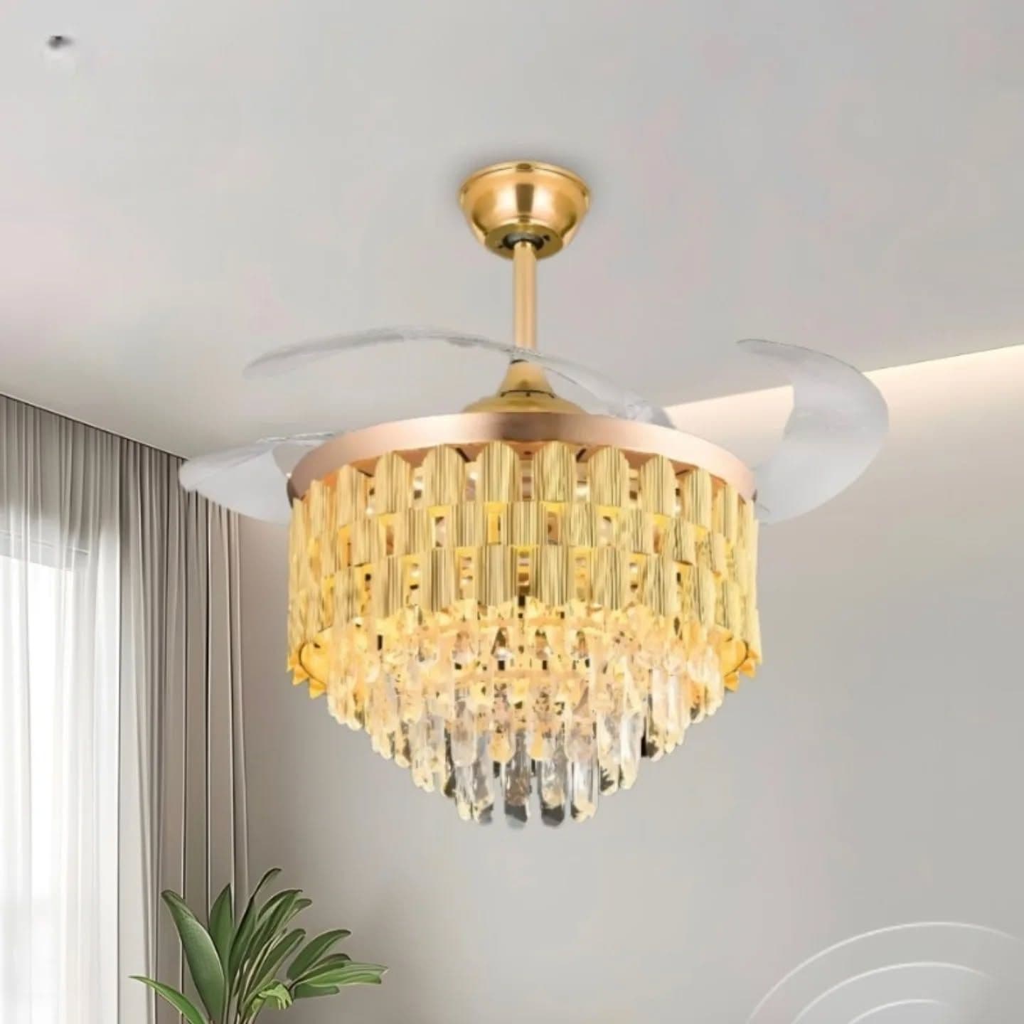 Ornate Gold Brass Crystal Chandelier with Retractable Fan