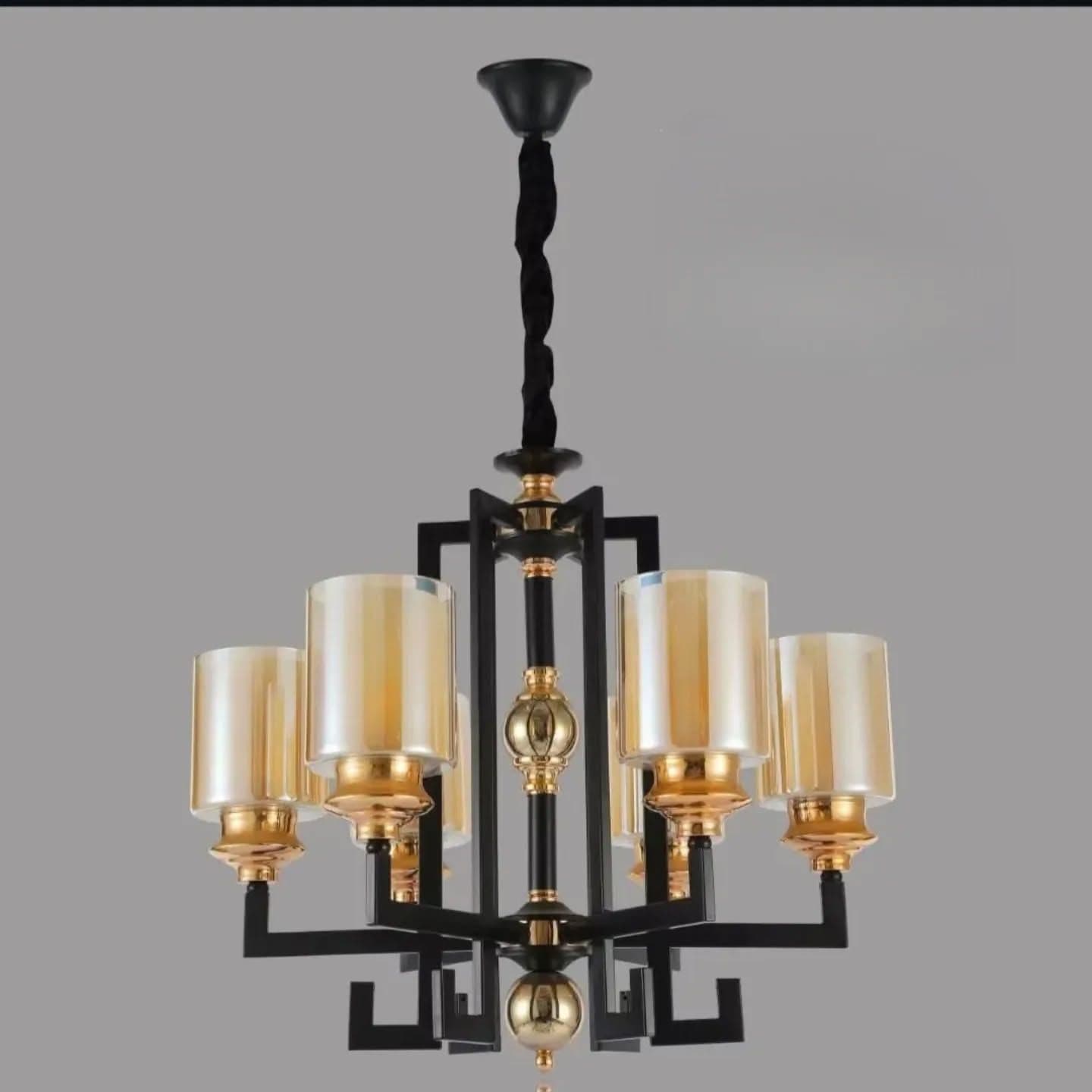 5-Arm Gold and Black Glass Chandelier