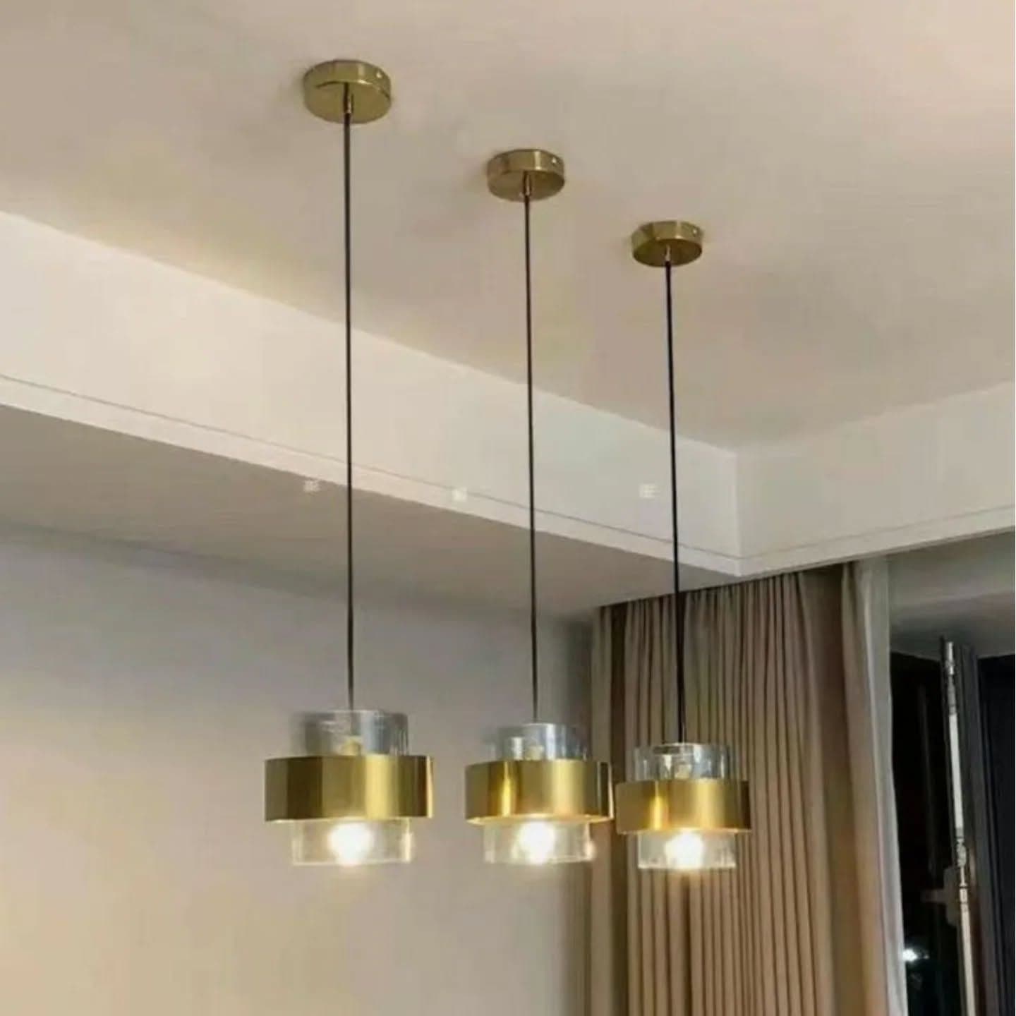 Modern Gold Brass and Glass Cylindrical Pendant Light