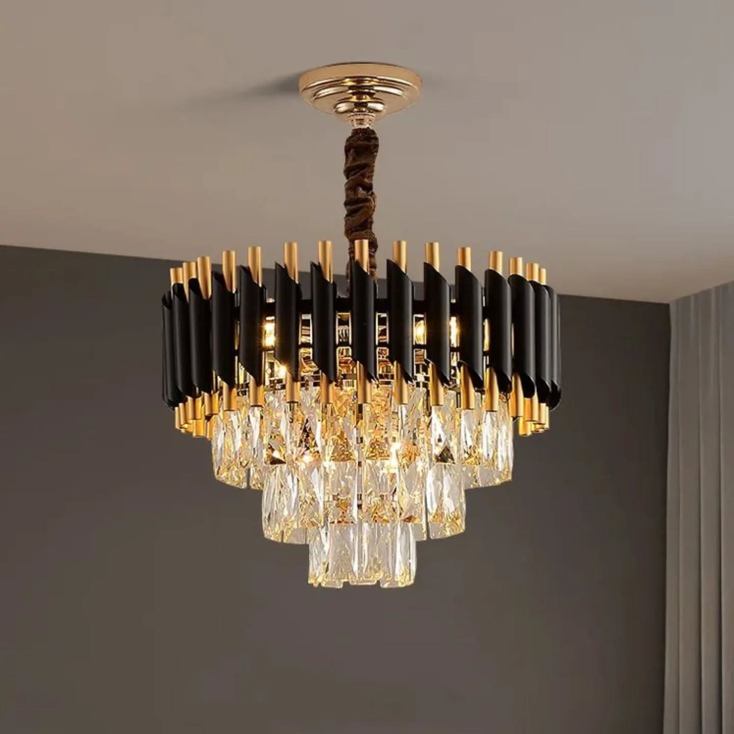 Modern Gold and Matte Black Tiered Crystal Chandelier