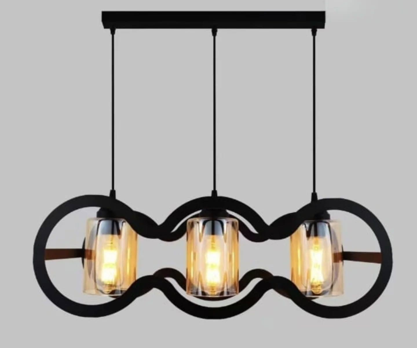Industrial Black Three-Light Linear Pendant with Cylindrical Glass Shades
