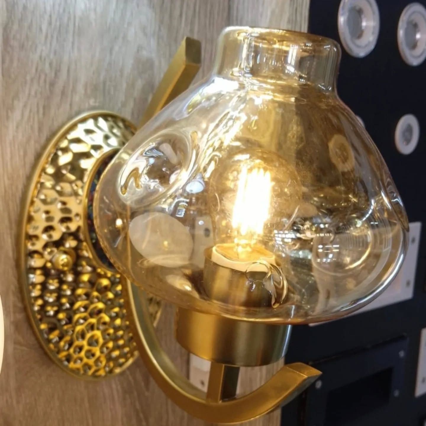 Vintage Gold Brass Wall Sconce with Amber Glass Shade