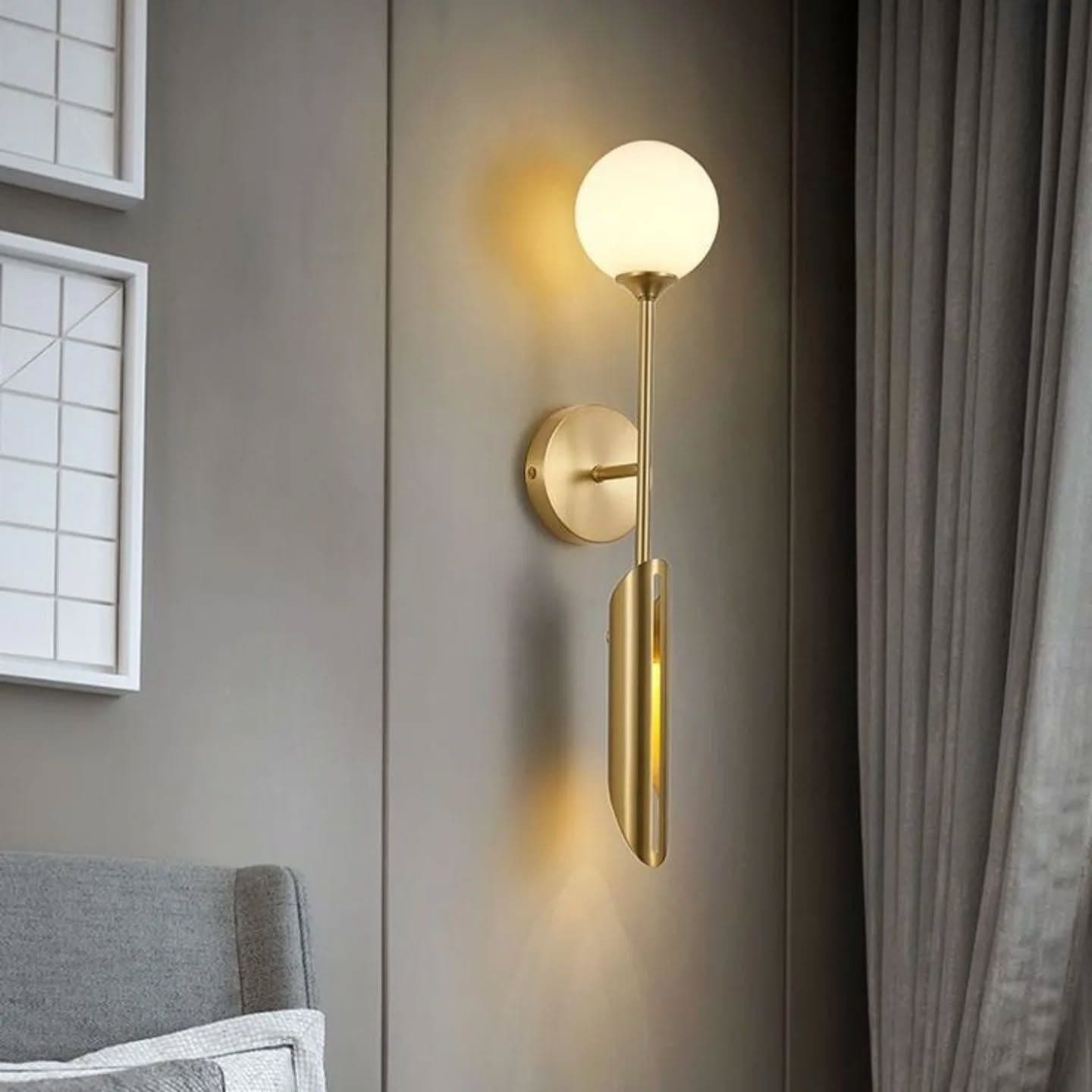Modern Gold Brass and Glass Wall Light with Globe Shade