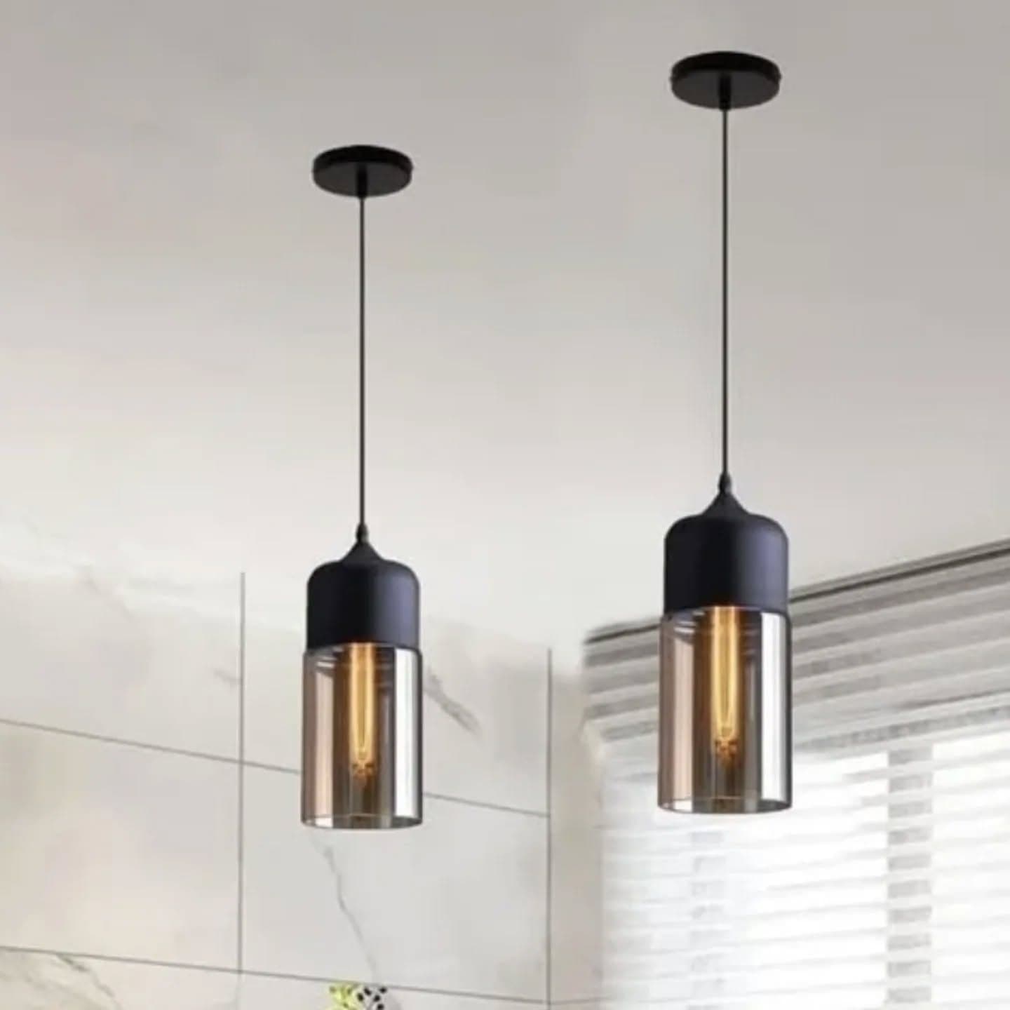 Modern Amber Glass Cylinder Pendant Light