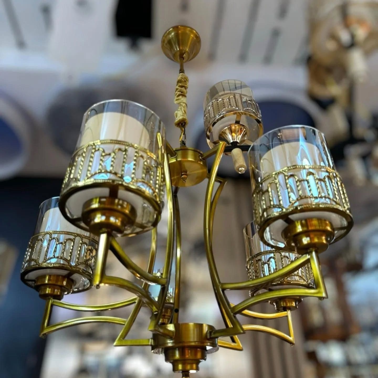 5-Arm Ornate Gold Brass Chandelier with Decorative Glass Shades