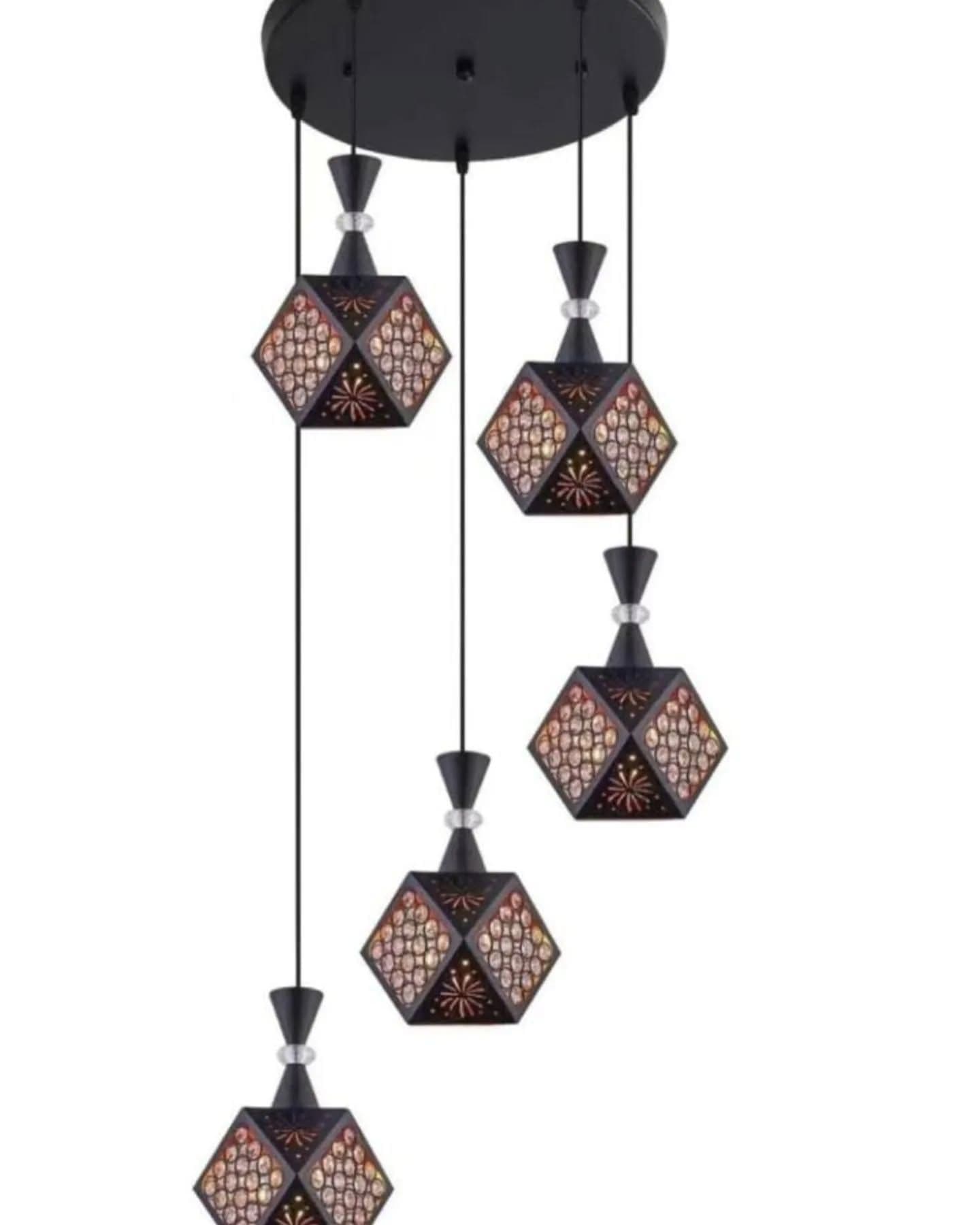 Ornate Black Metal and Crystal Geometric Pendant Light