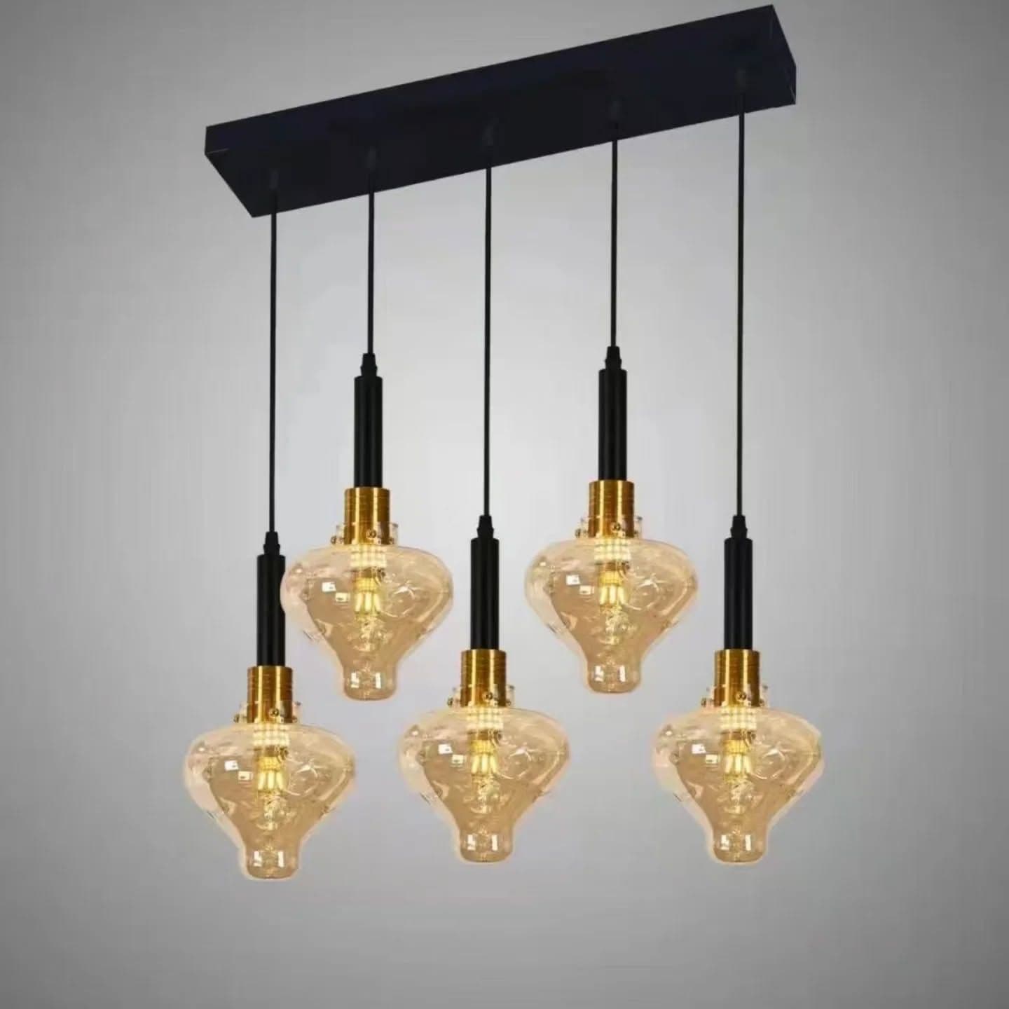 Industrial Amber Glass & Gold Pendant Light with Heart-Shaped Shades